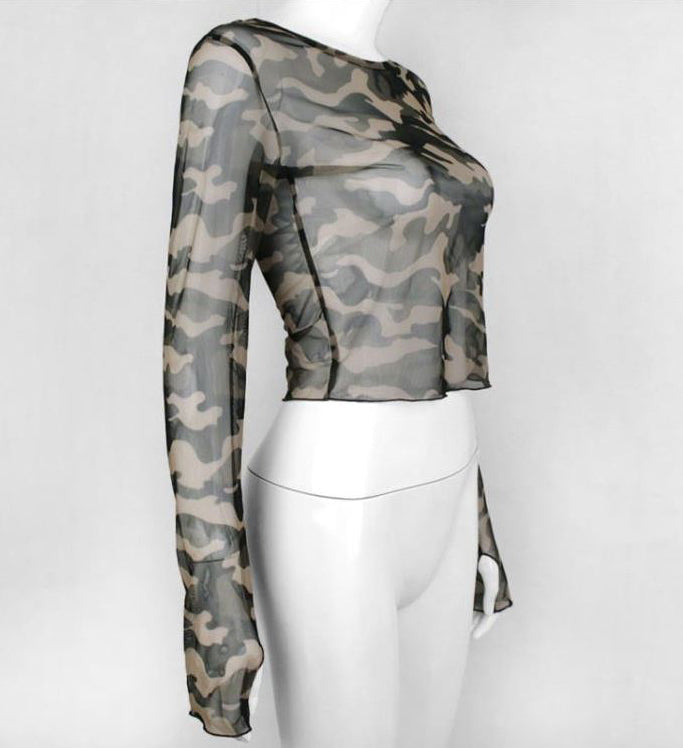 Blue Camouflage Mesh Cropped Top