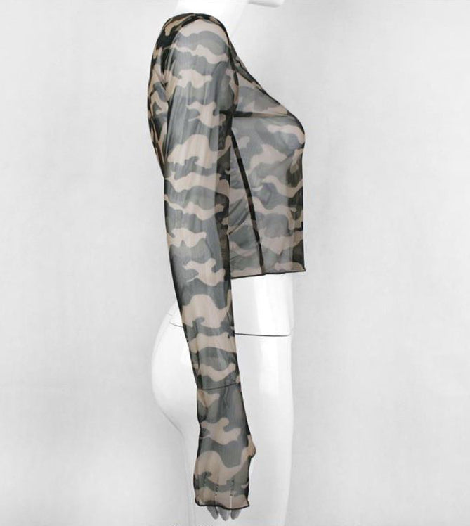 Blue Camouflage Mesh Cropped Top