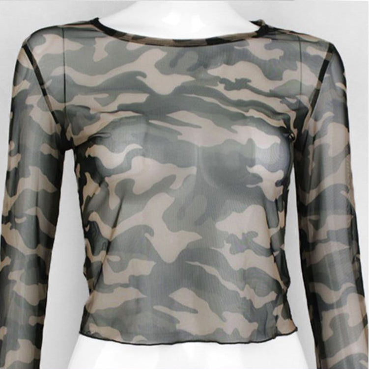 Blue Camouflage Mesh Cropped Top