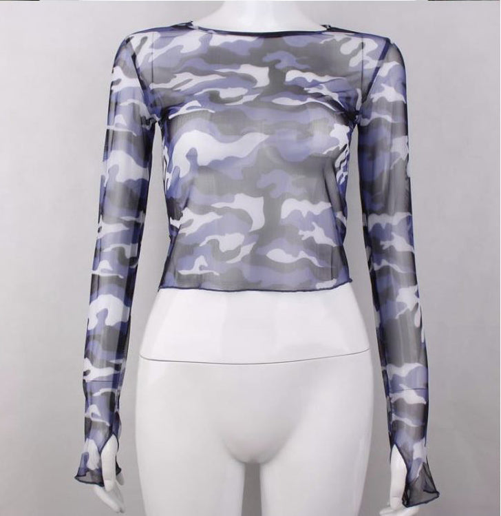 Blue Camouflage Mesh Cropped Top