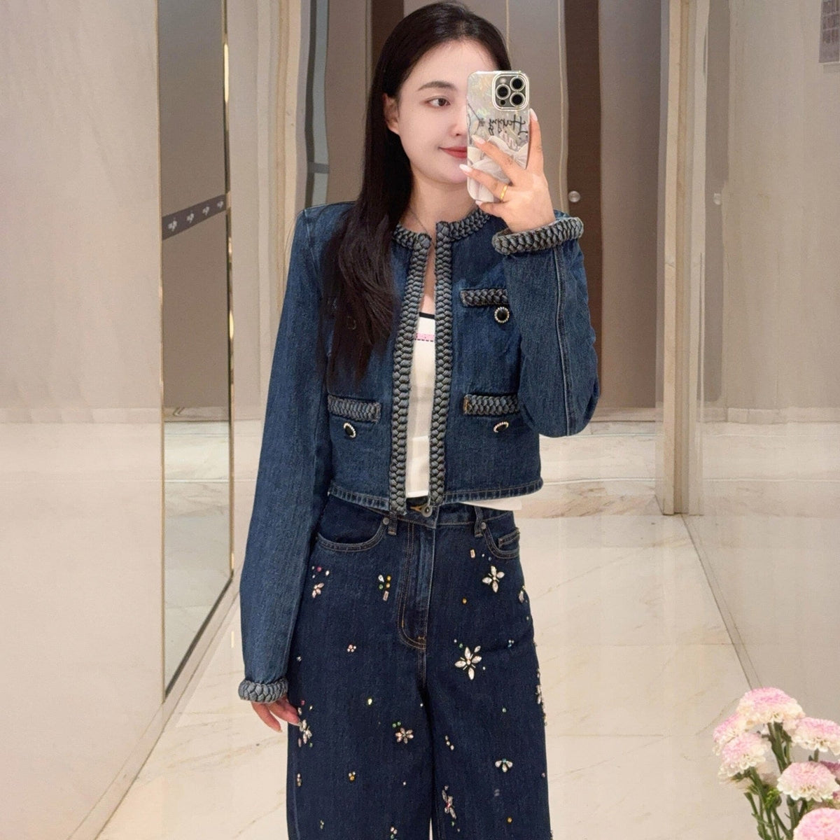 Blue Chain-Trim Denim Crop Jacket