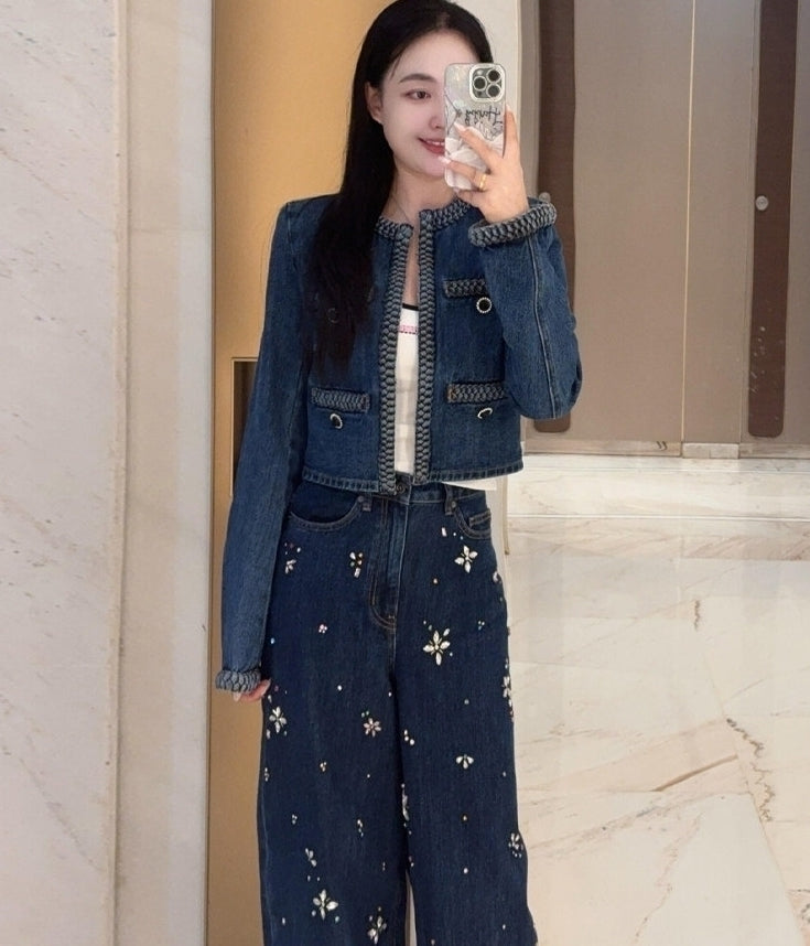 Blue Chain-Trim Denim Crop Jacket