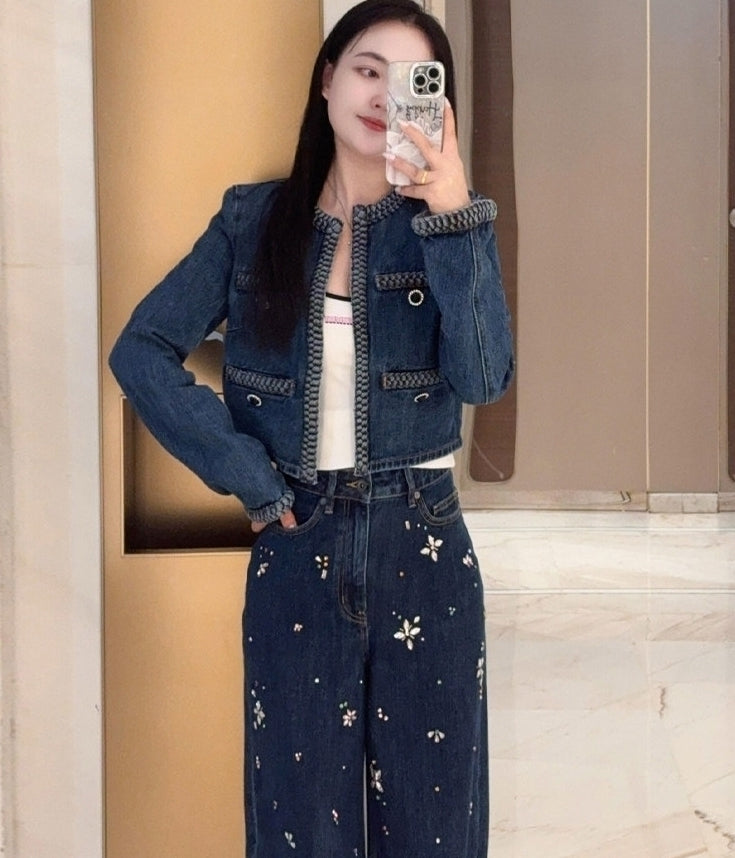 Blue Chain-Trim Denim Crop Jacket