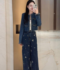 Blue Chain-Trim Denim Crop Jacket