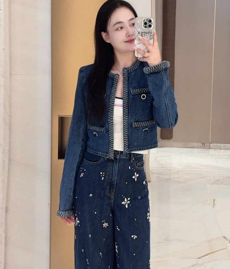 Blue Chain-Trim Denim Crop Jacket