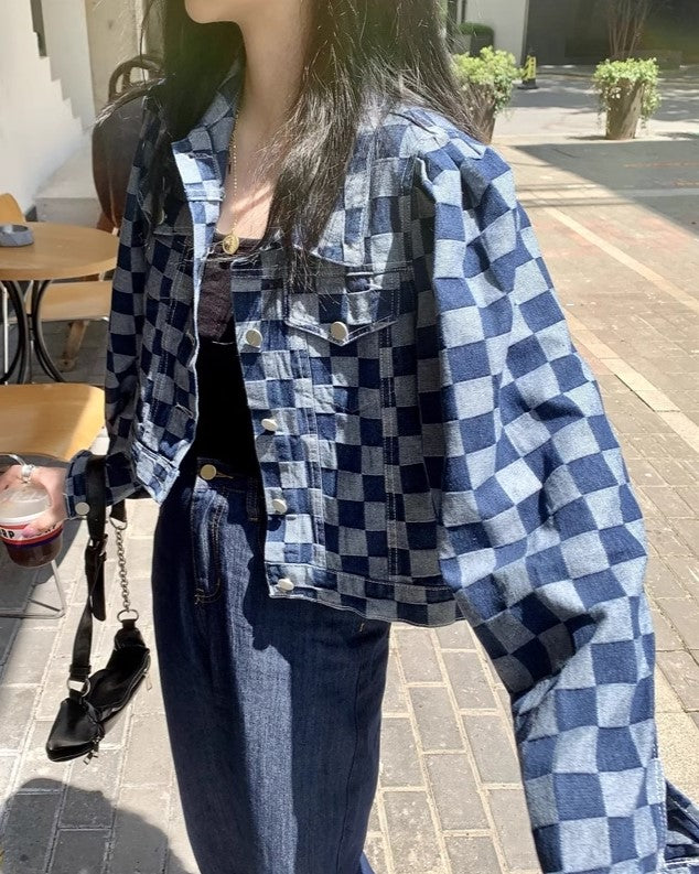 Blue Checkered Puff Sleeves Denim Jacket