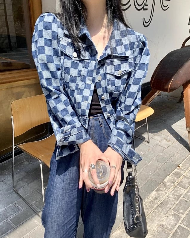 Blue Checkered Puff Sleeves Denim Jacket