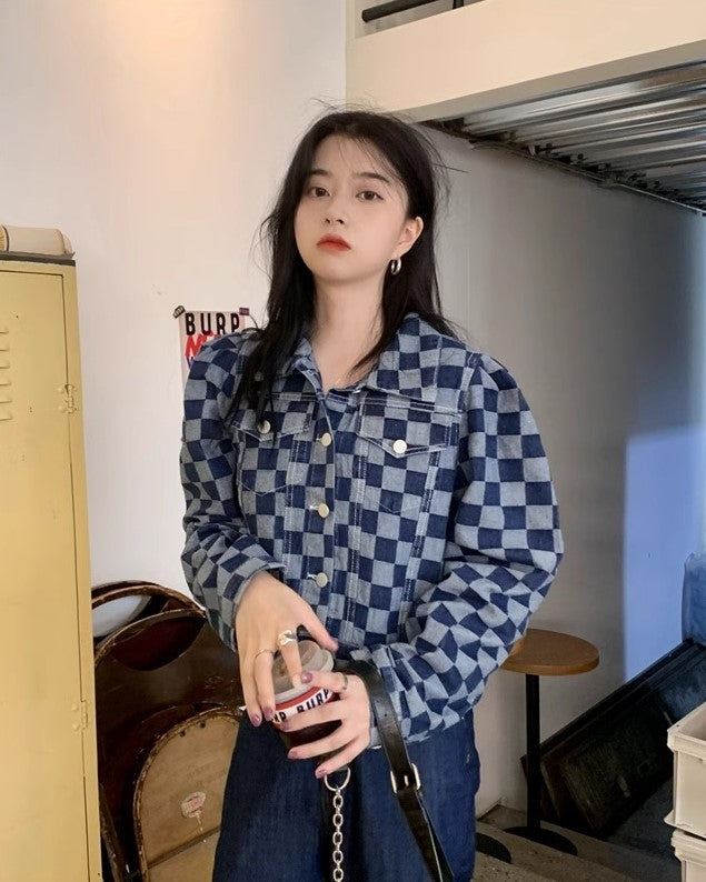 Blue Checkered Puff Sleeves Denim Jacket