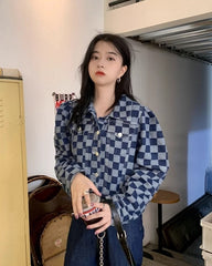 Blue Checkered Puff Sleeves Denim Jacket