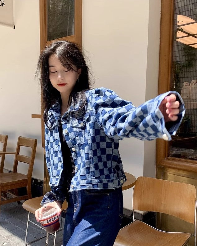 Blue Checkered Puff Sleeves Denim Jacket