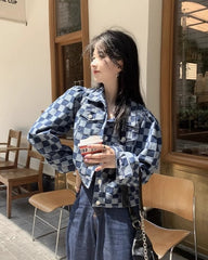 Blue Checkered Puff Sleeves Denim Jacket