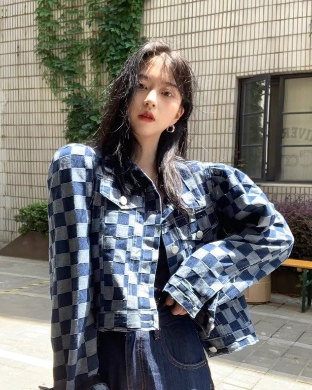 Blue Checkered Puff Sleeves Denim Jacket