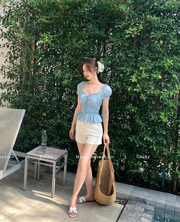 Blue Cinched Waist Puff Sleeve Top