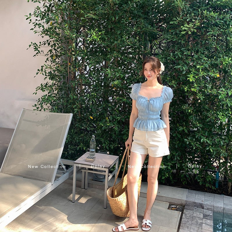 Blue Cinched Waist Puff Sleeve Top