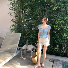 Blue Cinched Waist Puff Sleeve Top