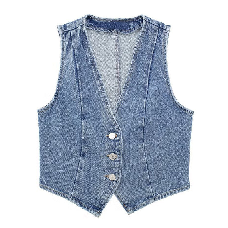 Blue Classic Denim V-Neck Vest