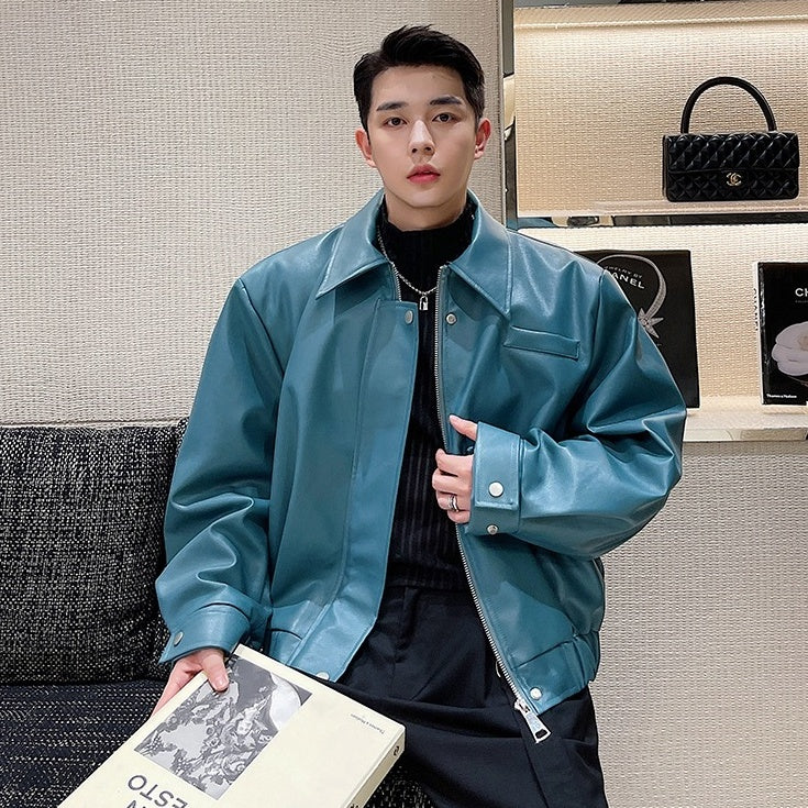 Blue Collared Faux Leather Jacket
