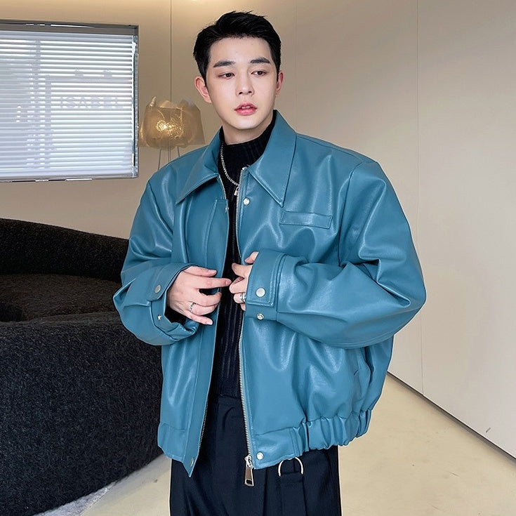 Blue Collared Faux Leather Jacket