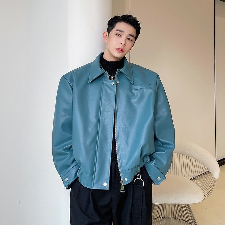 Blue Collared Faux Leather Jacket