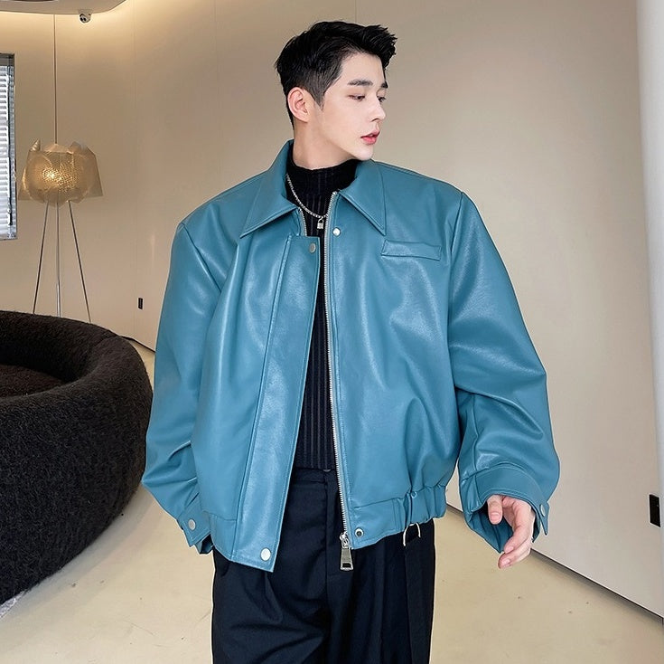 Blue Collared Faux Leather Jacket