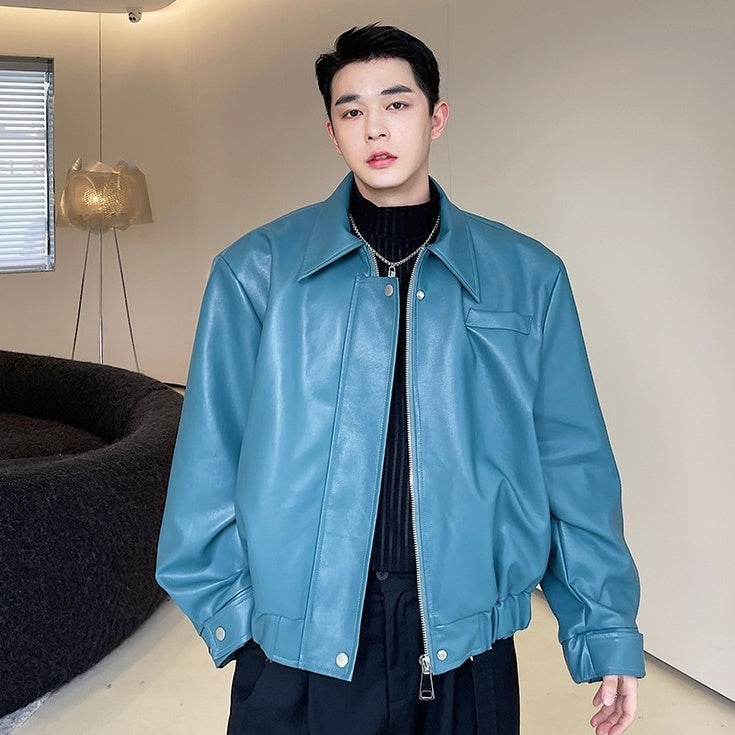 Blue Collared Faux Leather Jacket