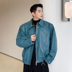 Blue Collared Faux Leather Jacket