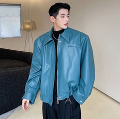 Blue Collared Faux Leather Jacket