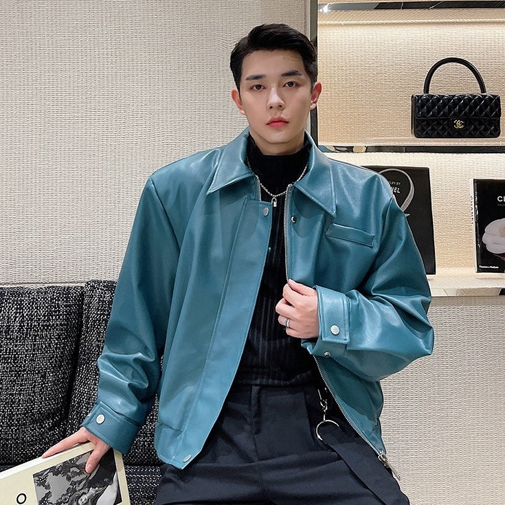 Blue Collared Faux Leather Jacket