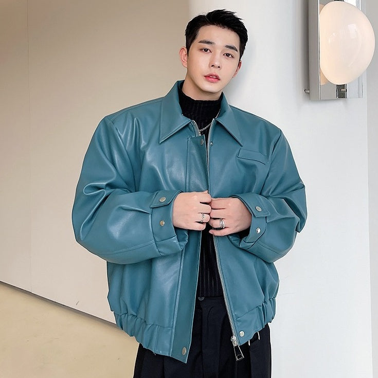 Blue Collared Faux Leather Jacket