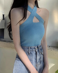 Blue Criss-Crossed Halter Top