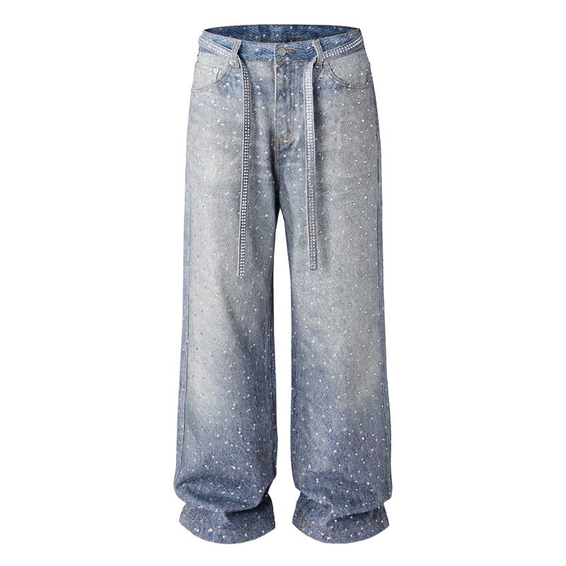 Blue Crystal-Studded Baggy Jeans