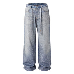 Blue Crystal-Studded Baggy Jeans
