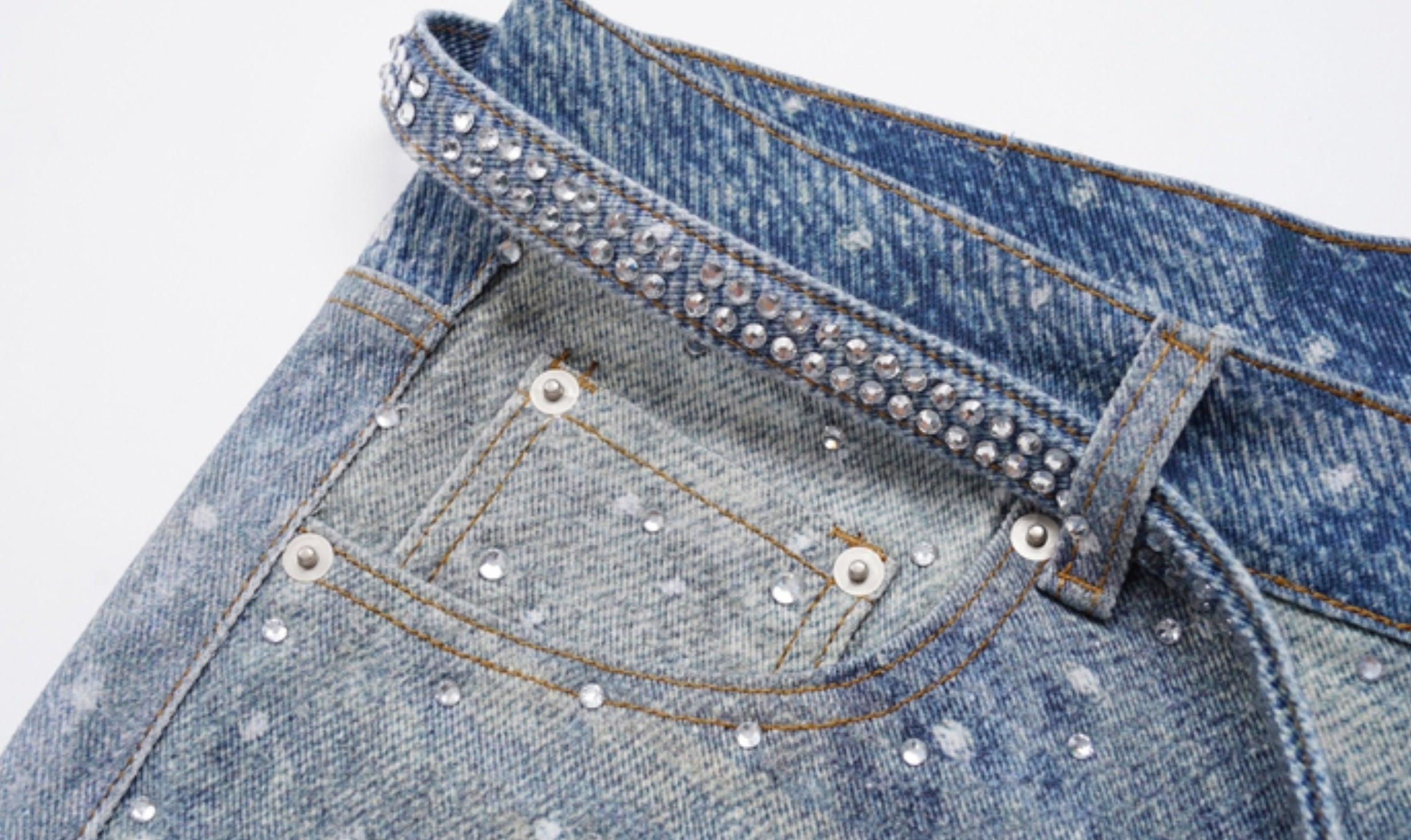 Blue Crystal-Studded Baggy Jeans