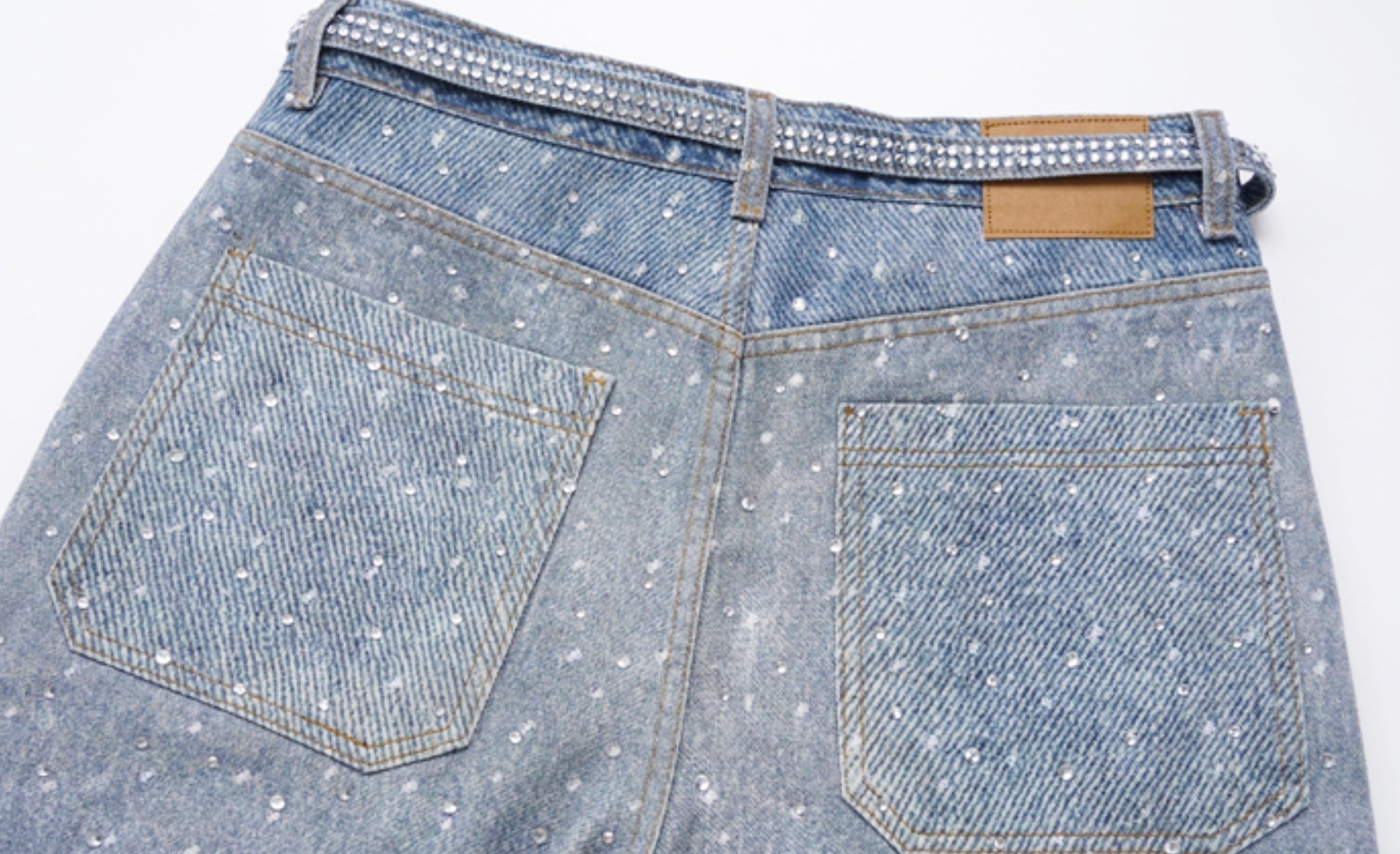 Blue Crystal-Studded Baggy Jeans