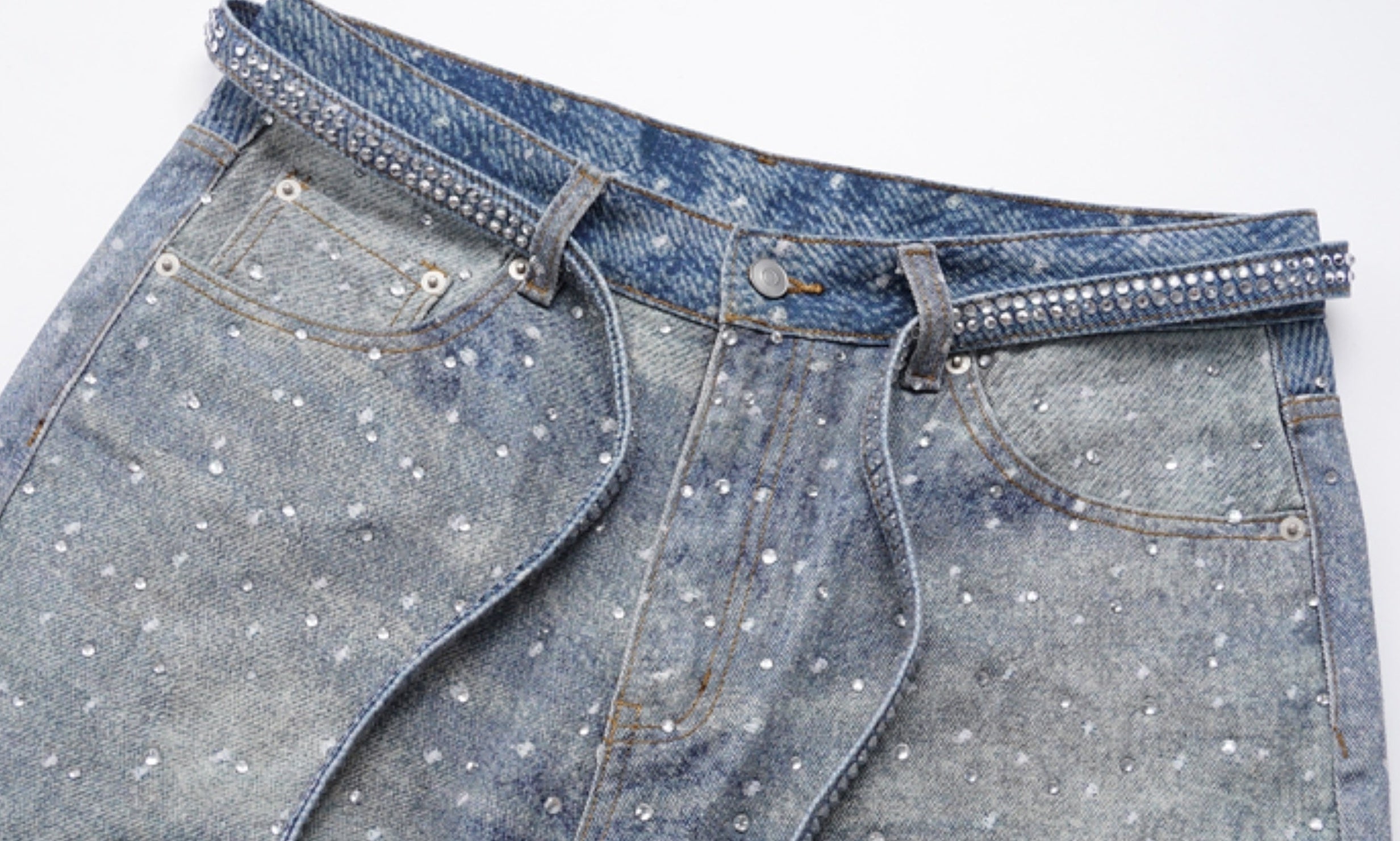 Blue Crystal-Studded Baggy Jeans