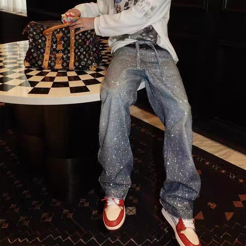 Blue Crystal-Studded Baggy Jeans