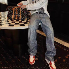 Blue Crystal-Studded Baggy Jeans