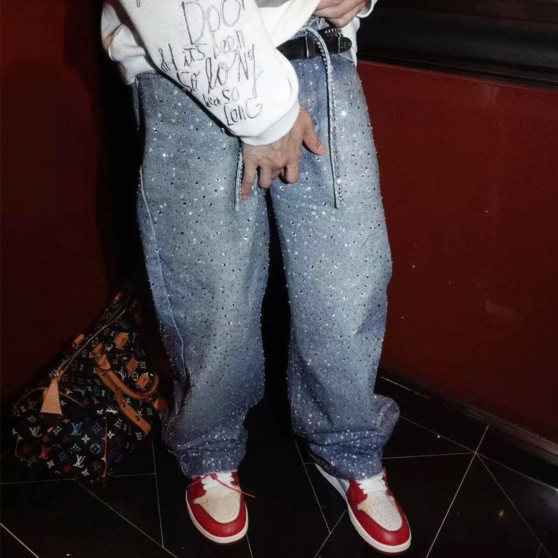 Blue Crystal-Studded Baggy Jeans
