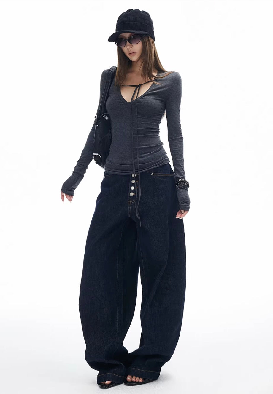 Blue Dark Wash Button Fly Baggy Jeans