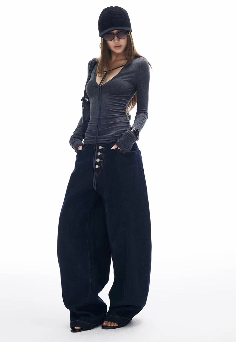 Blue Dark Wash Button Fly Baggy Jeans