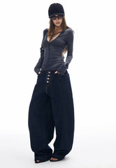 Blue Dark Wash Button Fly Baggy Jeans
