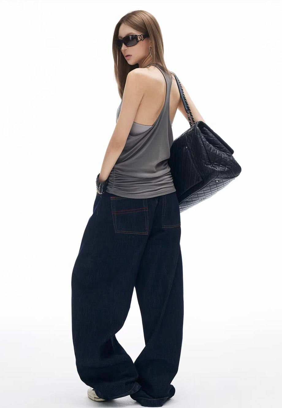 Blue Dark Wash Button Fly Baggy Jeans
