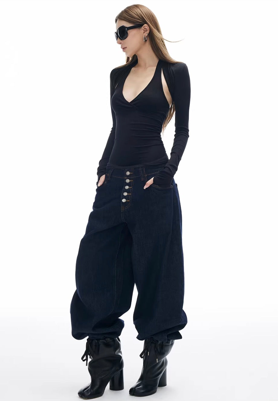 Blue Dark Wash Button Fly Baggy Jeans