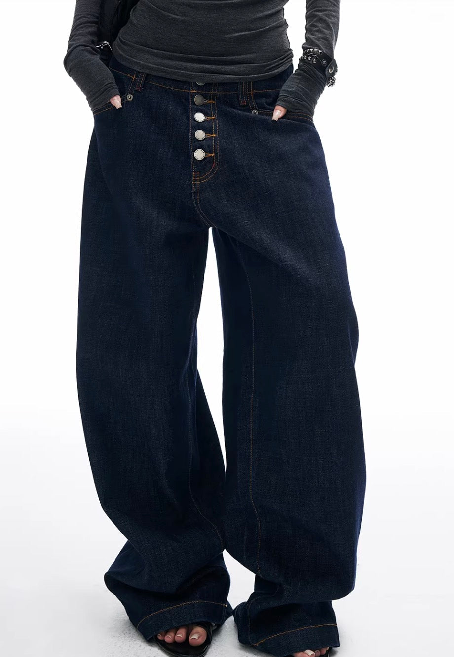 Blue Dark Wash Button Fly Baggy Jeans