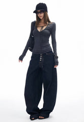 Blue Dark Wash Button Fly Baggy Jeans