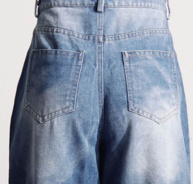 Blue Denim And Sheer Black Lace Panel Pants