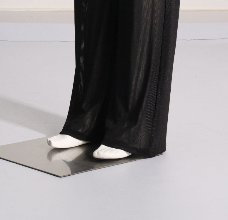 Blue Denim And Sheer Black Lace Panel Pants