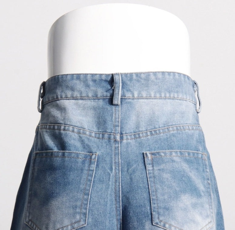 Blue Denim And Sheer Black Lace Panel Pants
