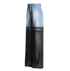 Blue Denim And Sheer Black Lace Panel Pants