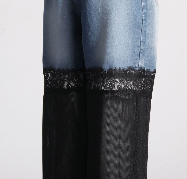 Blue Denim And Sheer Black Lace Panel Pants